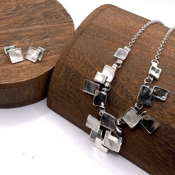 Jewelry - MODERN Silver Inlay Enamel Necklace & Earring Set Contemporary Art to Wear